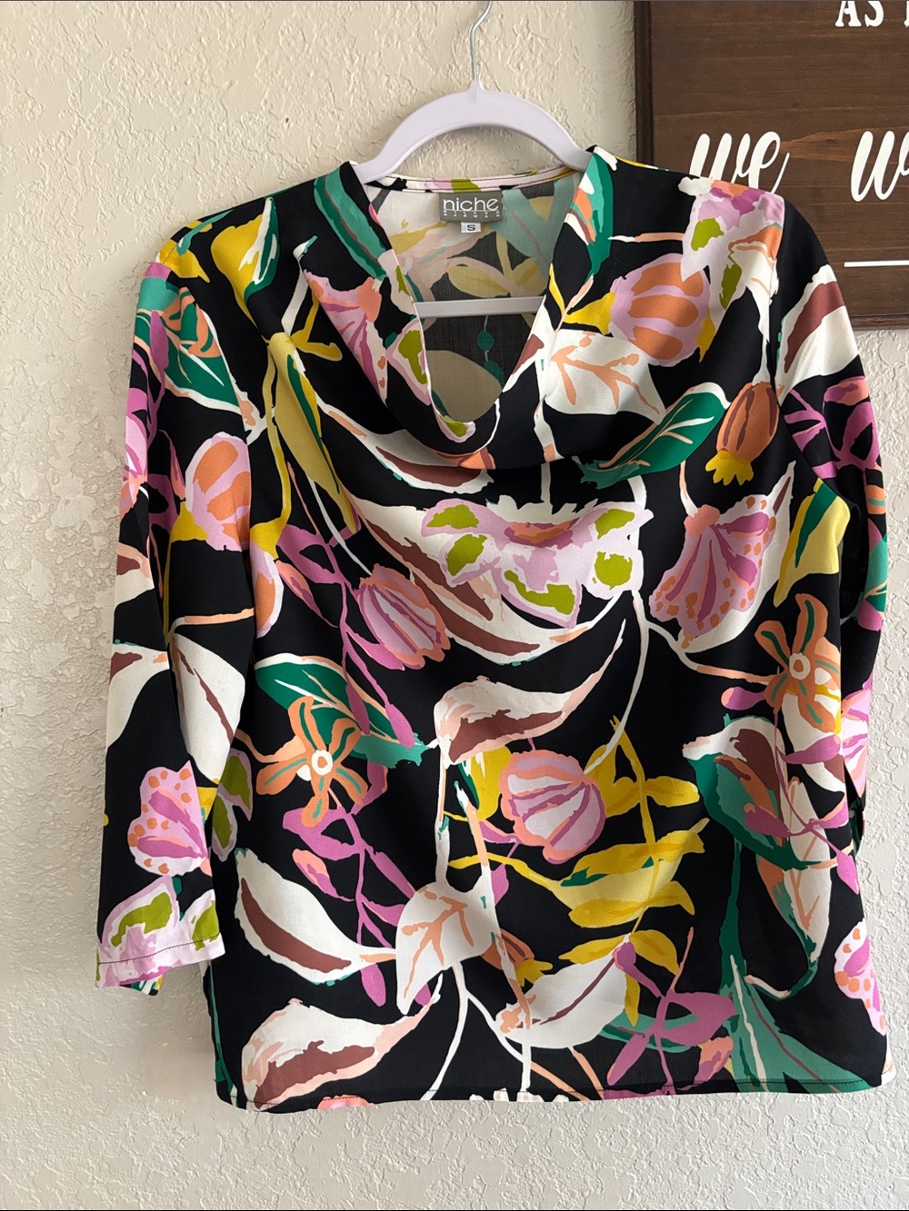 Niche Black Floral Cowl-Neck‎ Blouse